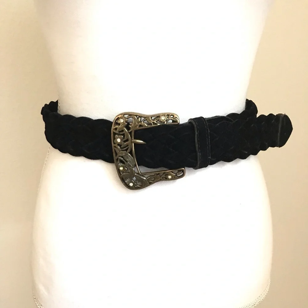 Braided Velour Belt w Brass Floral/Crystal Buckle